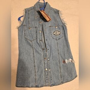 Vtg 2002 Harley Davidson Women's L Denim Sleeveless Embroidered Snap Vest sz XS